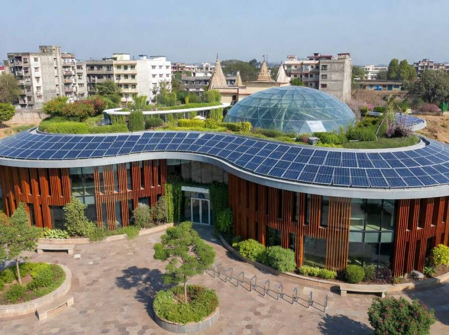 Centro comunitário sustentável Crest Nine na Índia, com arquitetura moderna e elementos ecológicos.