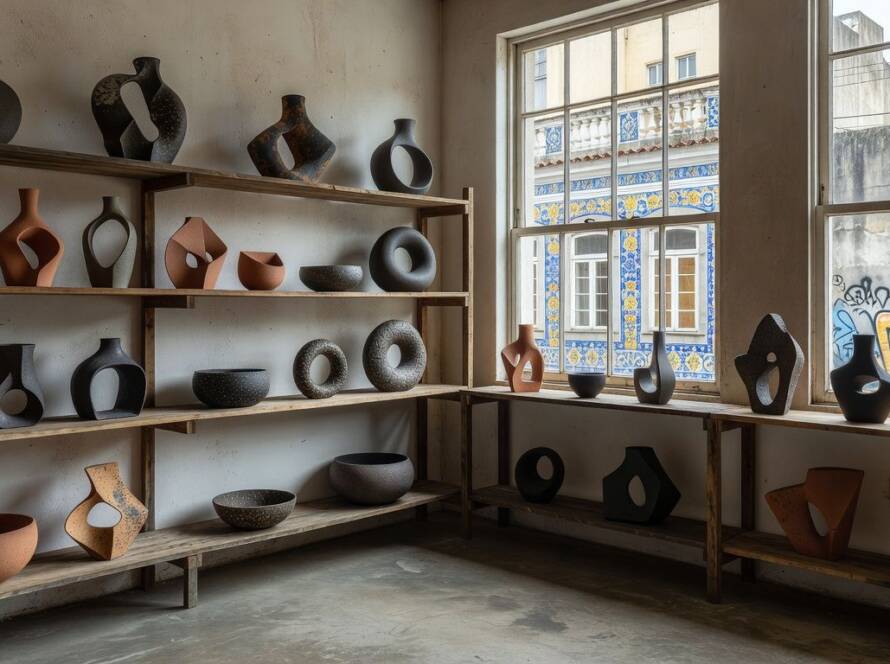 Estúdio de cerâmica inovador Ekadea com peças modernas em ambiente brasileiro.