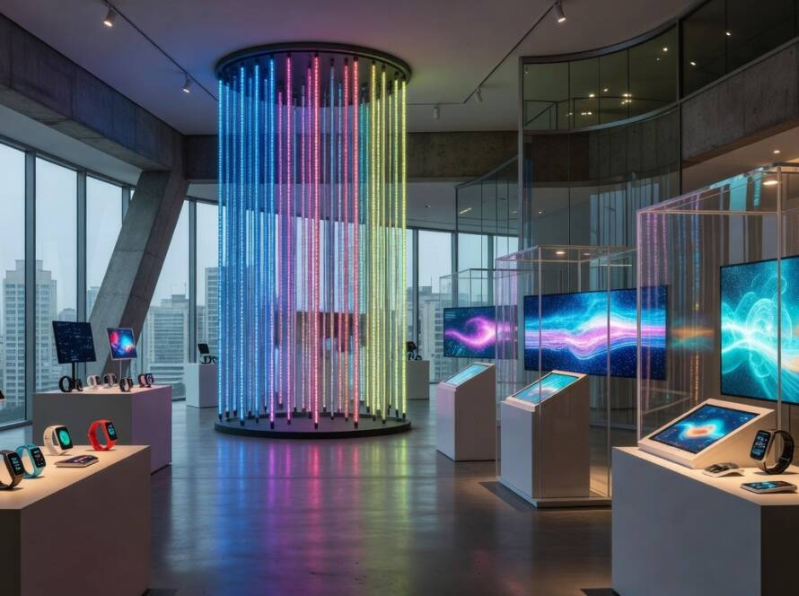 Galeria multisensorial com biohacking em ambiente moderno de São Paulo, Brasil.