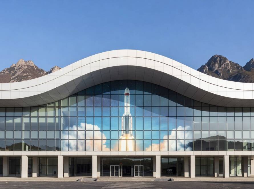 Edifício monumental do museu de cinema documental em Xichang, China, com arquitetura moderna e montanhas ao fundo.