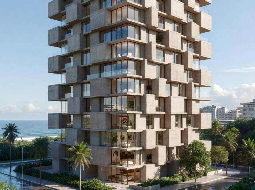 Edifício moderno com design Jenga em bairro urbano no Rio de Janeiro, representando apartamento artístico revelado pela Gallery Studiotwentyseven.