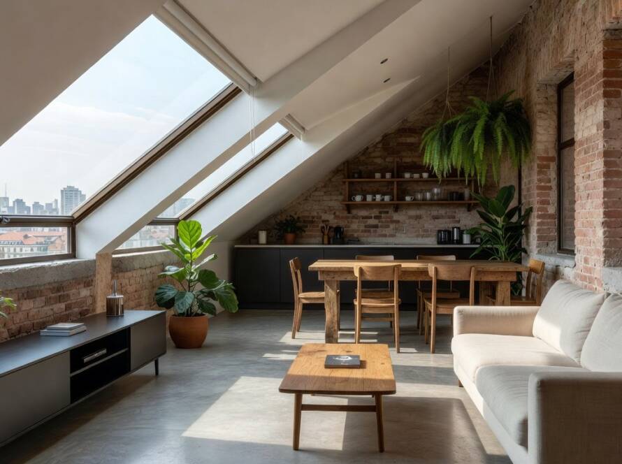 Apartamento inovador em sótão transformado no centro de São Paulo, com design moderno e vista urbana.