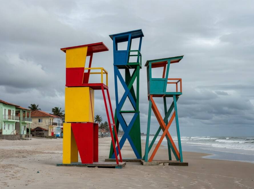 Torres de salva-vidas como obras de arte no Winter Stations 2026 adaptadas em praia brasileira no inverno.