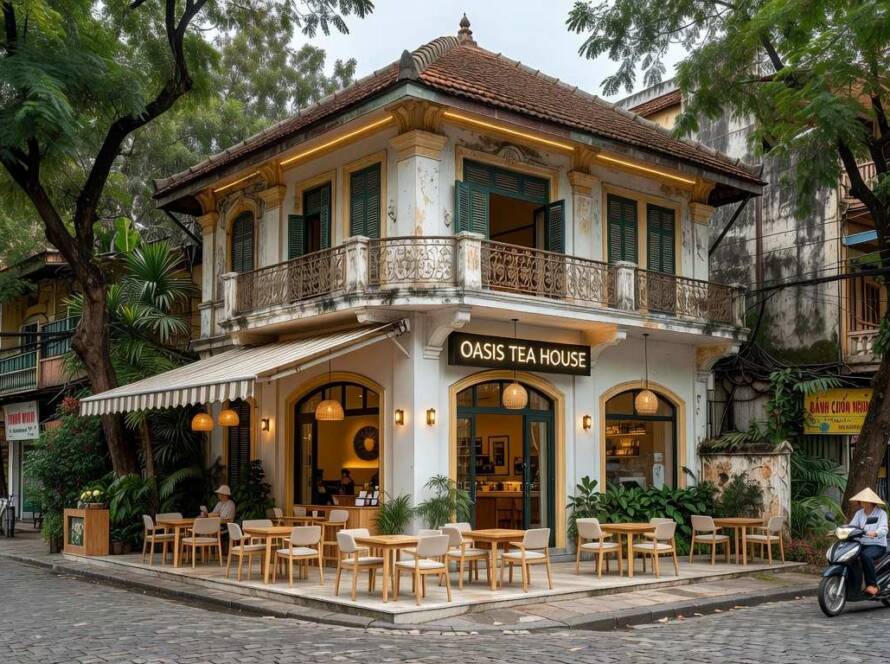 Villa francesa centenária em Ho Chi Minh City transformada em casa de chá moderna, com arquitetura preservada e design contemporâneo.