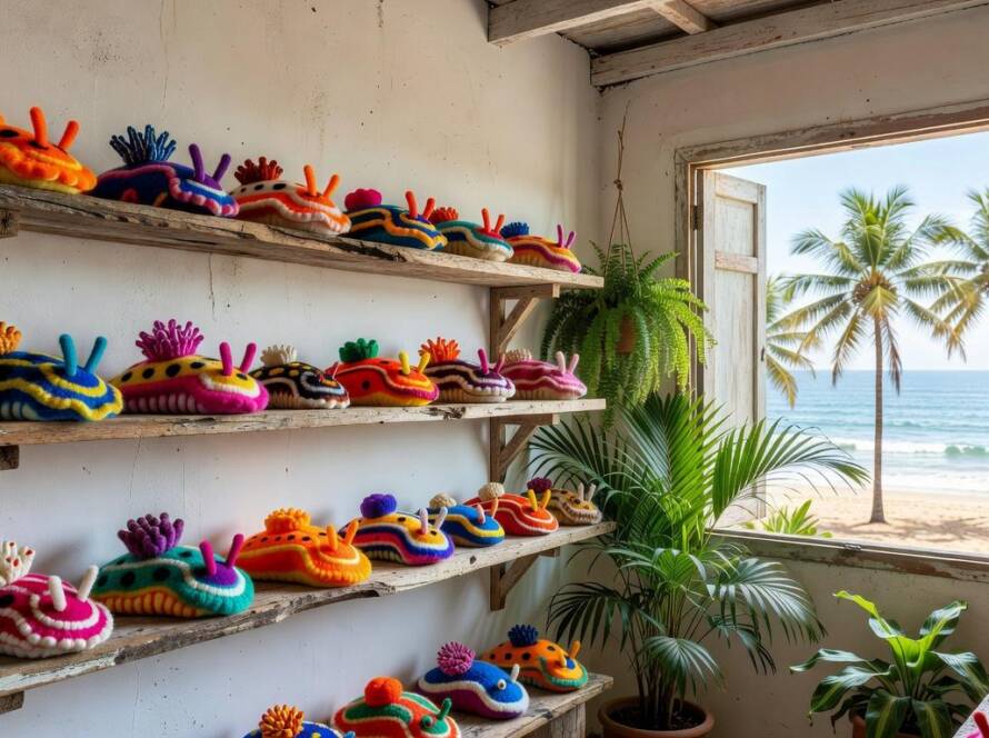 Esculturas coloridas de nudibrânquios em lã feltrada dispostas como biblioteca em ateliê no litoral brasileiro.