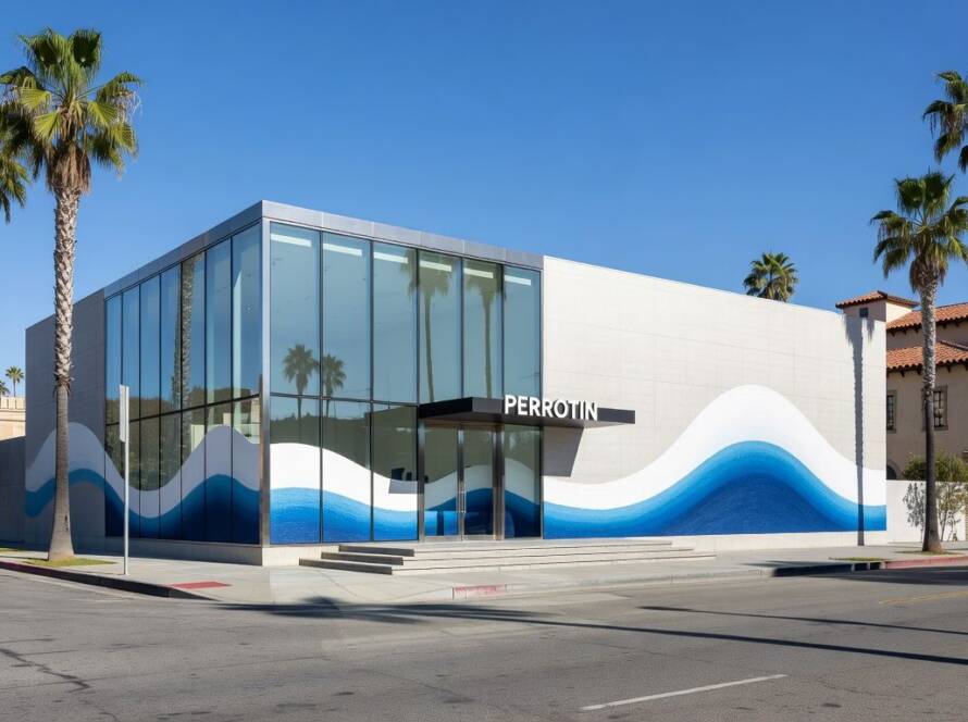 Fachada da Galeria Perrotin em Los Angeles com elementos da exposição Horizons do artista JR.