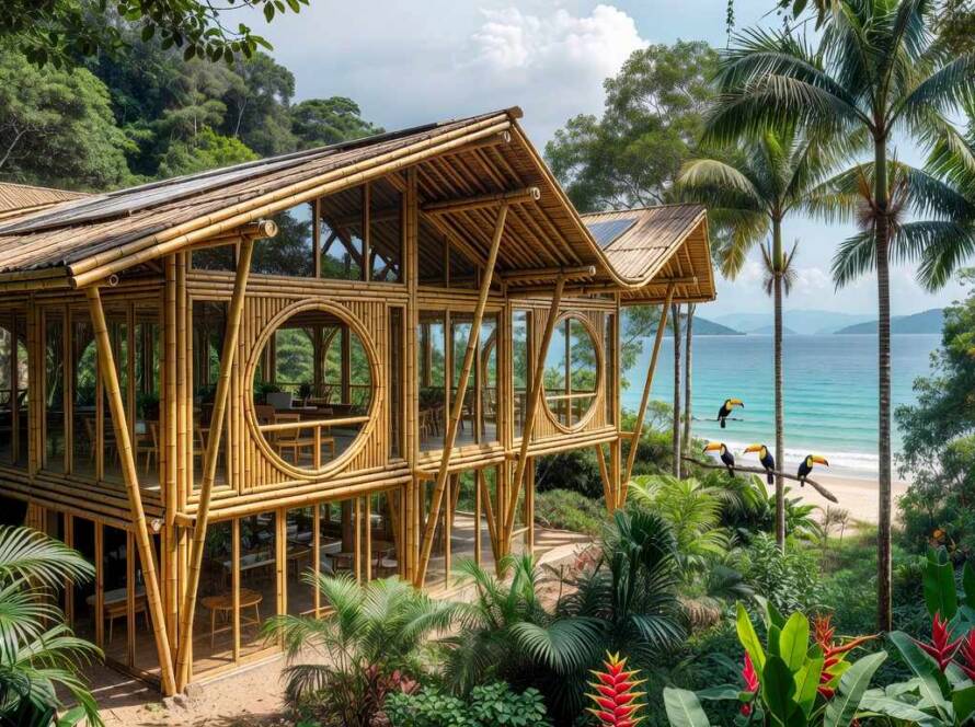 Estrutura sustentável de bambu em Ubatuba, projeto Bambu Atmosfera pela Perkins&Will, integrado à natureza litorânea.