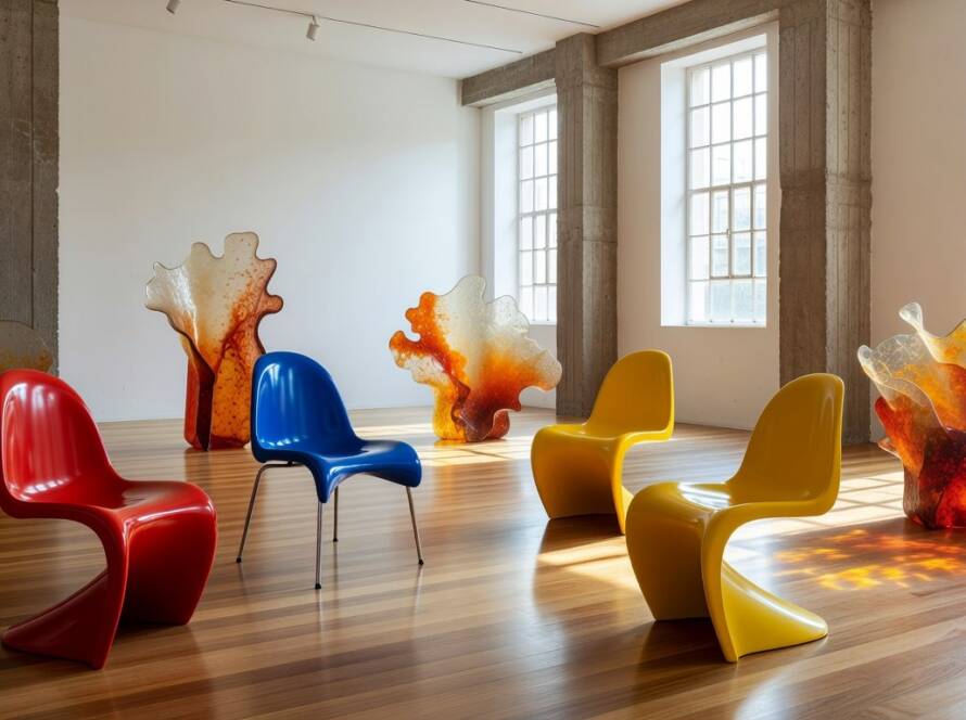 Galeria de arte em São Paulo exibindo móveis icônicos de Gaetano Pesce, com design moderno e colorido.