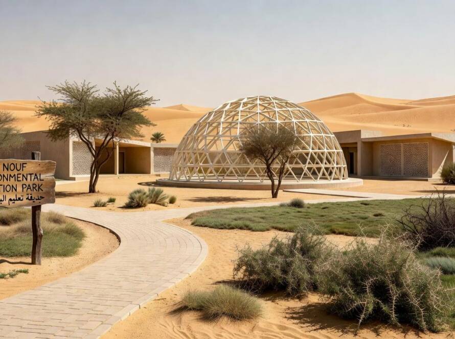 Parque Sharjah Bridi para educação ambiental nos Emirados Árabes Unidos, com arquitetura moderna no deserto.
