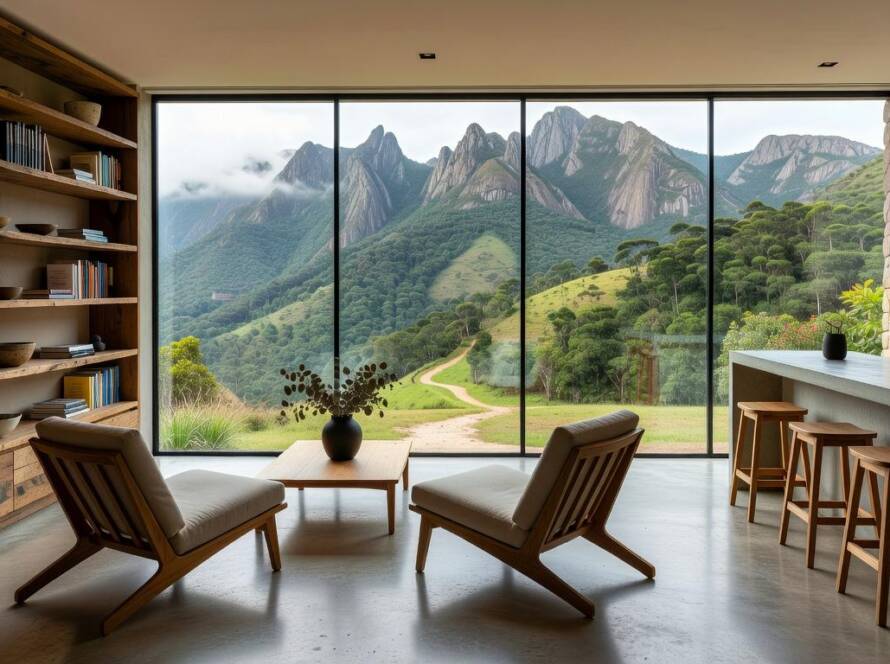 Hotel boutique na Serra da Mantiqueira com mobília moderna e vistas montanhosas.