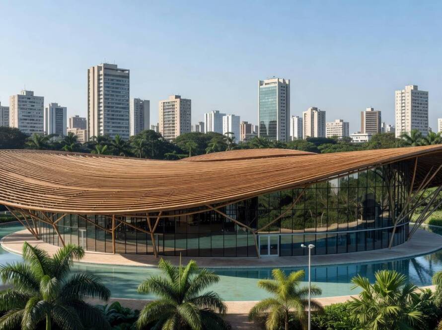 Estrutura arquitetônica moderna em cidade brasileira, representando Prêmio Pritzker de Arquitetura.