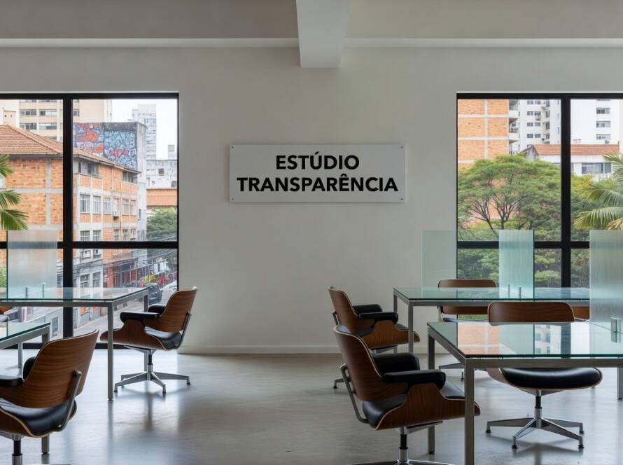 Estúdio de design moderno em São Paulo simbolizando honestidade e transparência na indústria.