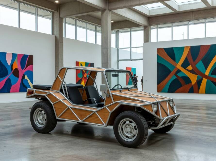 Beach buggy raro de design minimalista em exibição em feira de arte, destacando formas geométricas e estilo moderno.