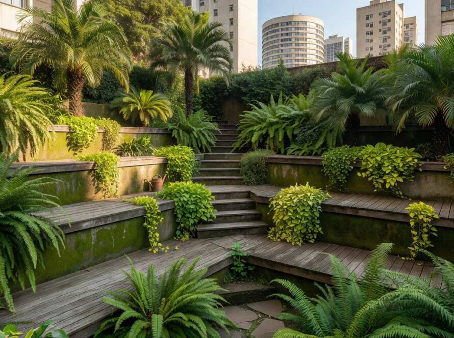 Jardim em camadas em pátio residencial urbano em São Paulo, com plantas tropicais e terraços verdes.