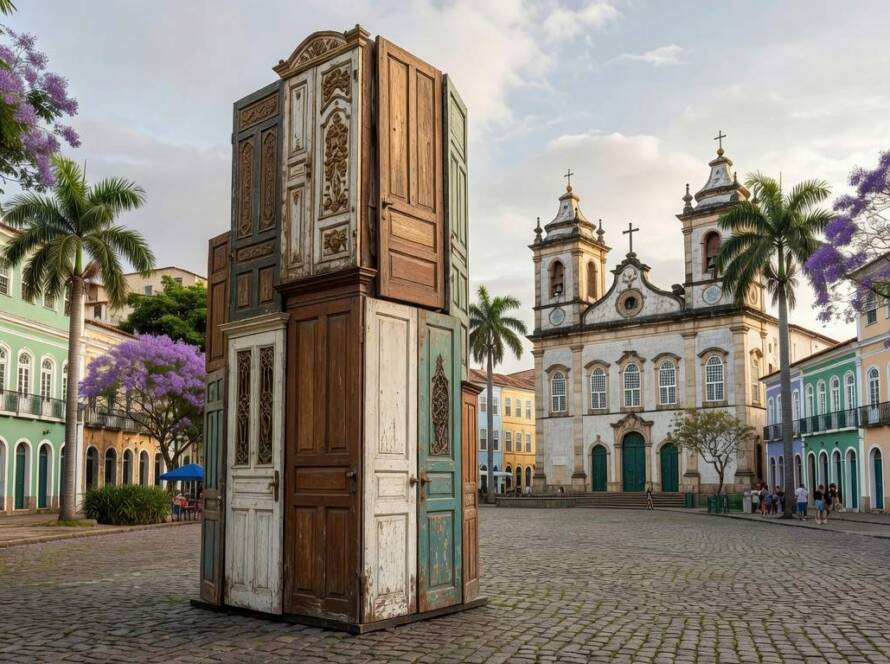 Armário escultórico inspirado em portas para engajamento cívico em praça urbana brasileira.