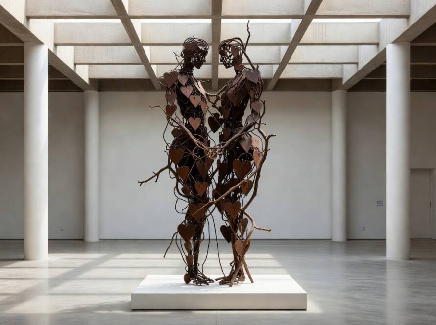 Escultura artística Hearts of Absent Women exibida em bienal de arte, representando temas de ausência feminina.