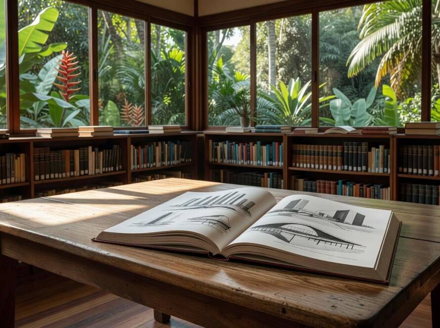 Livro aberto com análise de legado arquitetônico em biblioteca no Brasil.