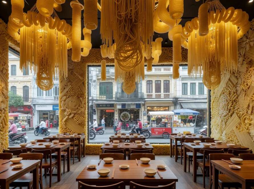 Interior do Moa Moa Pasta Club em Ho Chi Minh City com design inspirado em massas.