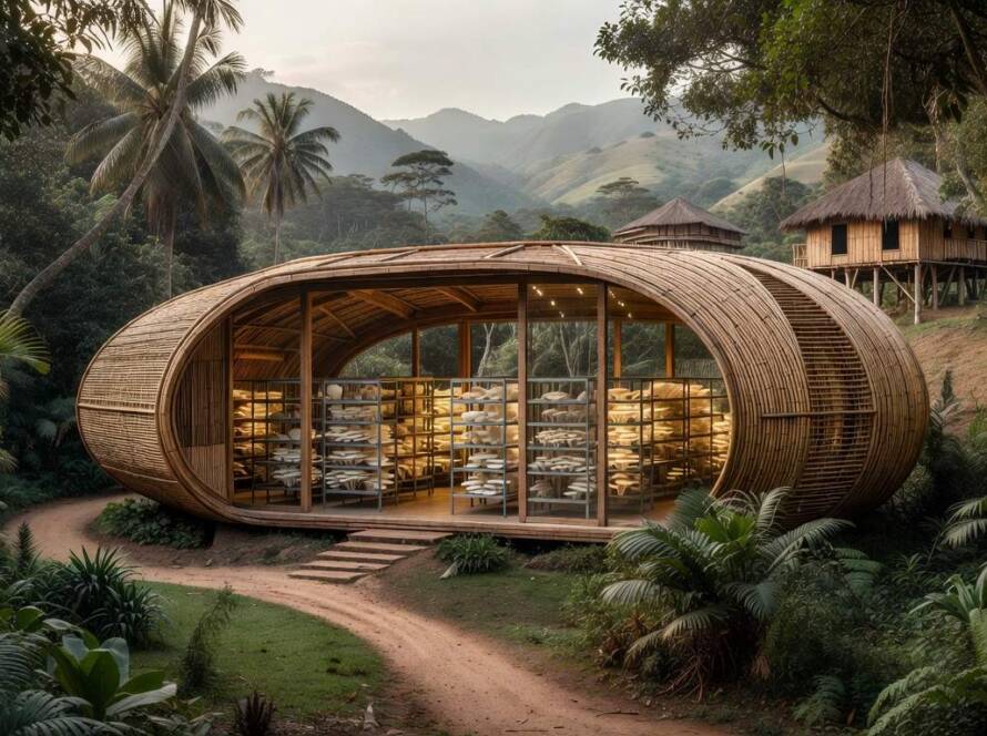 Pavilhão elipsoidal para cultivo de cogumelos em paisagem rural brasileira, estrutura moderna e sustentável.