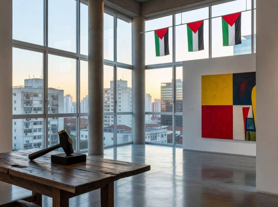 Galeria de arte em São Paulo com obras para leilão beneficente à Palestina, sem pessoas.