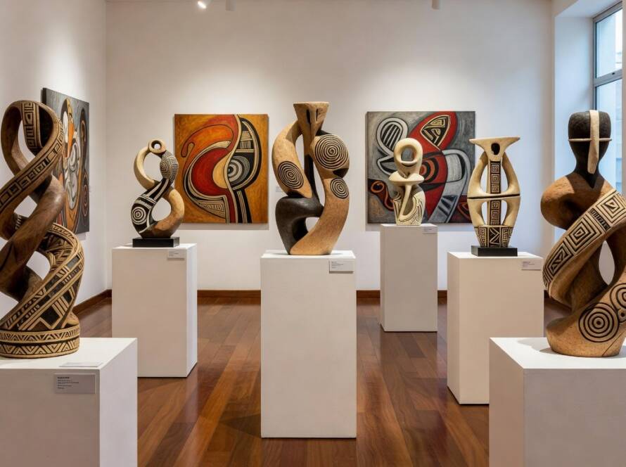 Exposição de esculturas inspiradas em rituais ancestrais na Oxilia Gallery, ambientada em galeria brasileira.