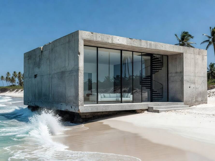 Bunker antigo convertido em casa à beira-mar na costa do Brasil, com ondas e coqueiros.