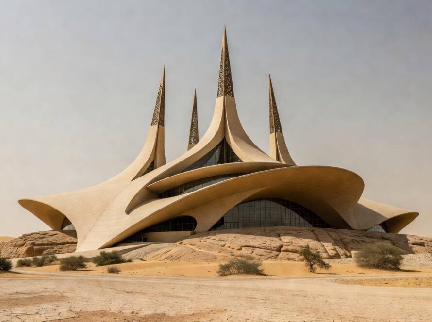 Exterior do Zayed National Museum em Abu Dhabi com arquitetura inovadora inspirada em asas de falcão.
