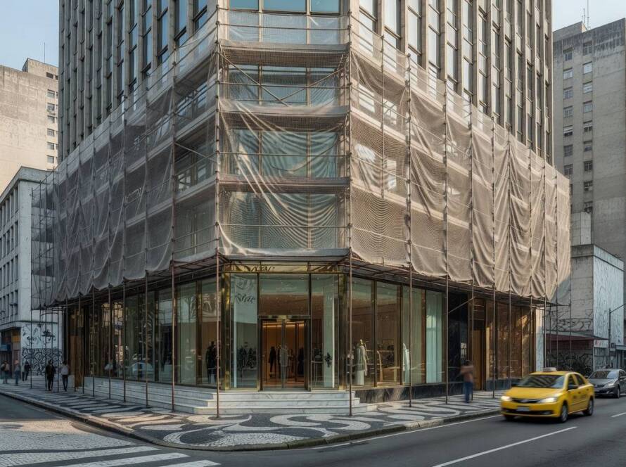 Fachada de loja de luxo com andaimes permanentes e efeito moiré em avenida de São Paulo.