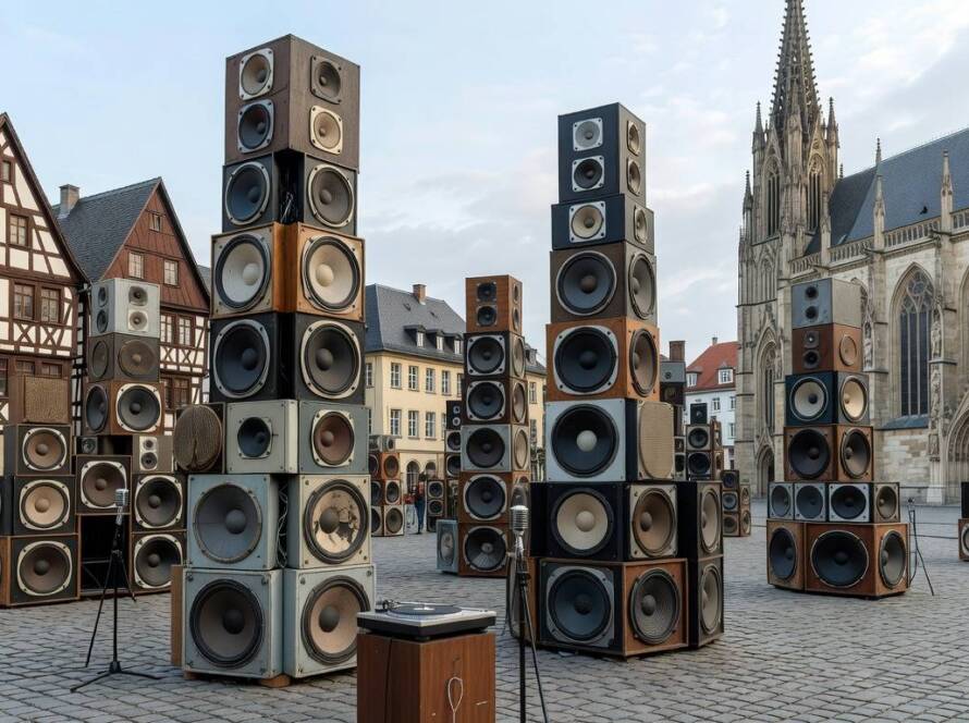 Esculturas interativas de alto-falantes reciclados em praça na Alemanha.