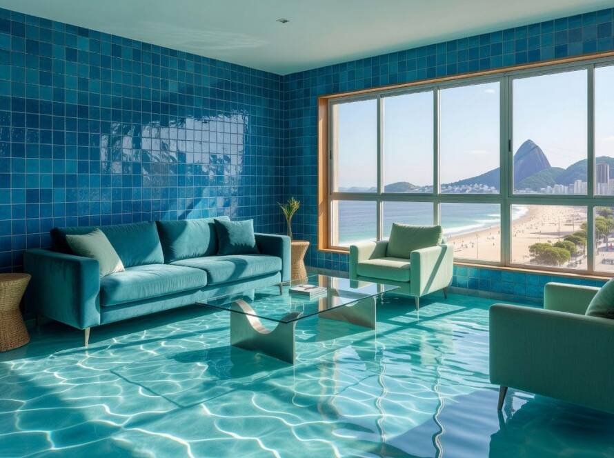 Interior de apartamento no Rio de Janeiro transformado em espaço inspirado em piscinas, com azulejos azuis e design aquático.