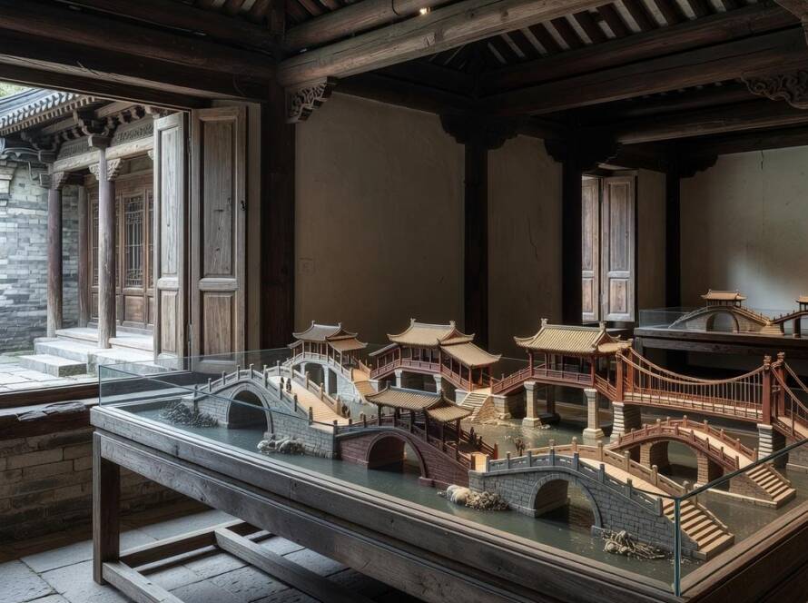 Micro-museu de pontes históricas em Huizhou, China, preservando patrimônio chinês.