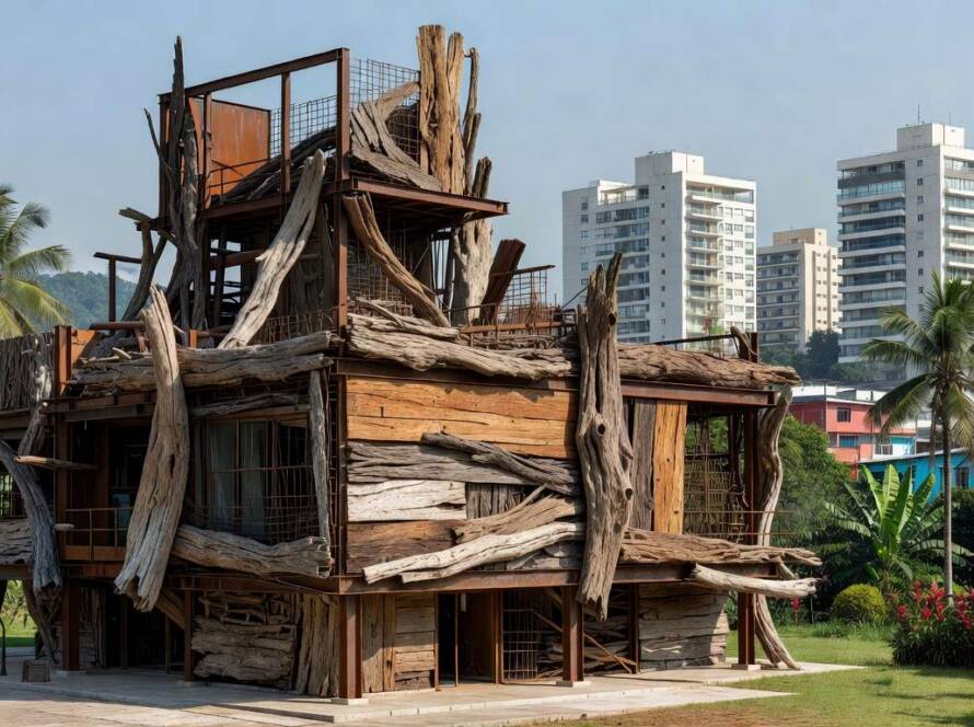 Museu Echo of the Ruins feito com materiais reciclados em ambiente urbano brasileiro.