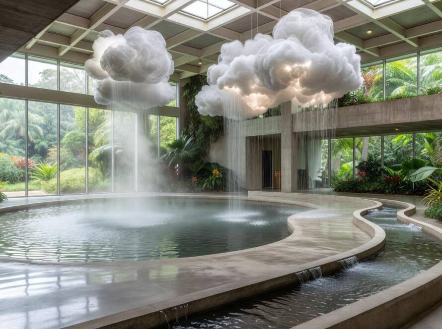 Instalação interativa Water Run educando sobre ciclos da água em museu brasileiro.