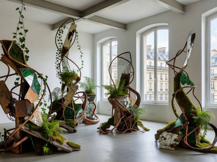 Galeria de arte em Paris exibindo esculturas regenerativas abstratas em estilo contemporâneo.