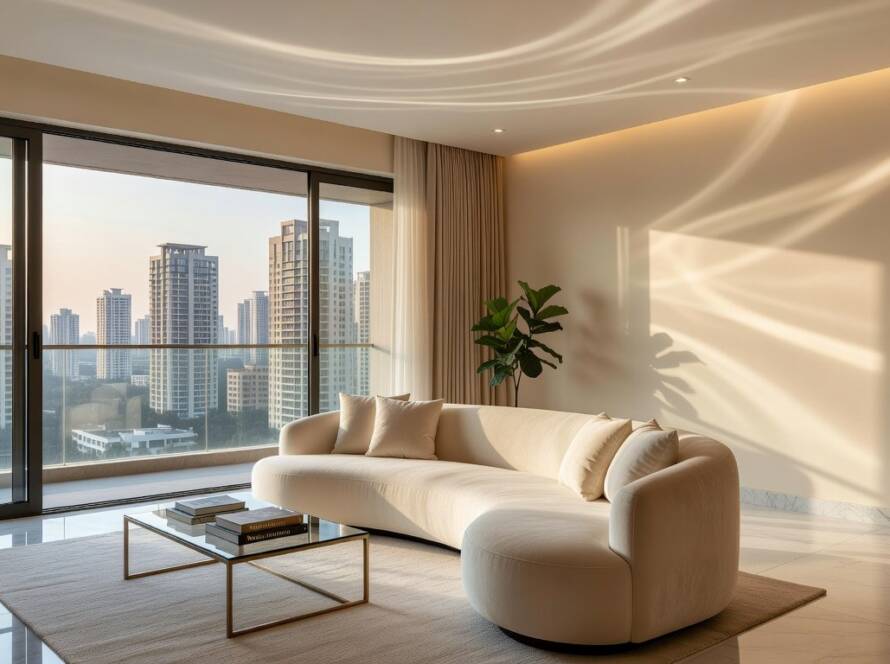 Apartamento Vanilla Swirl com ondas de luz em Navi Mumbai, design moderno e iluminado.
