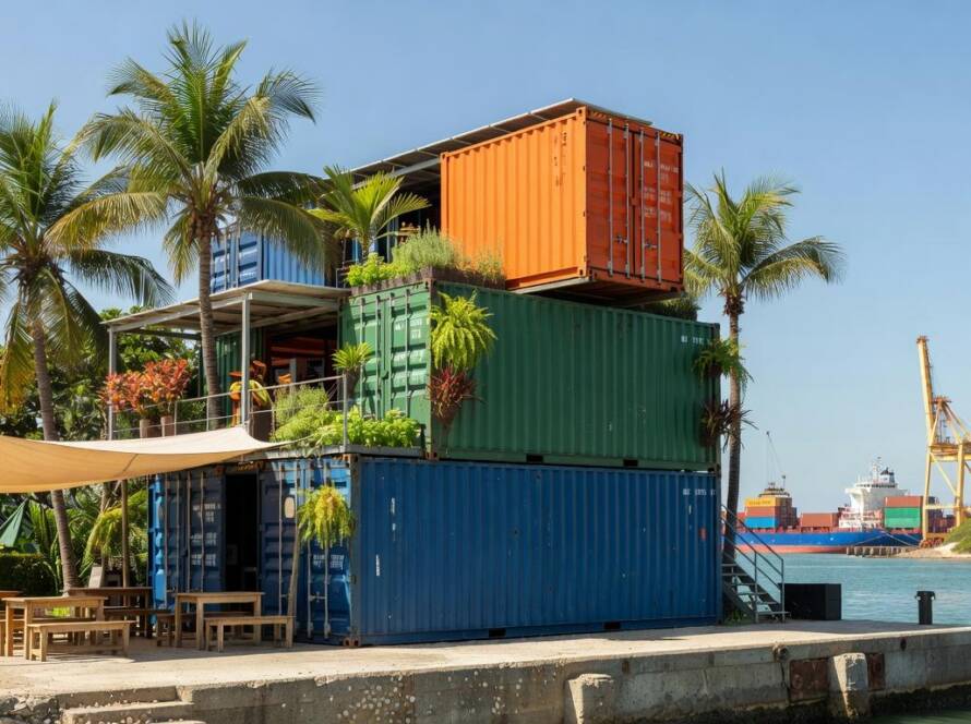 Restaurante sustentável de contêineres reciclados em cidade portuária brasileira, com arquitetura ecológica.