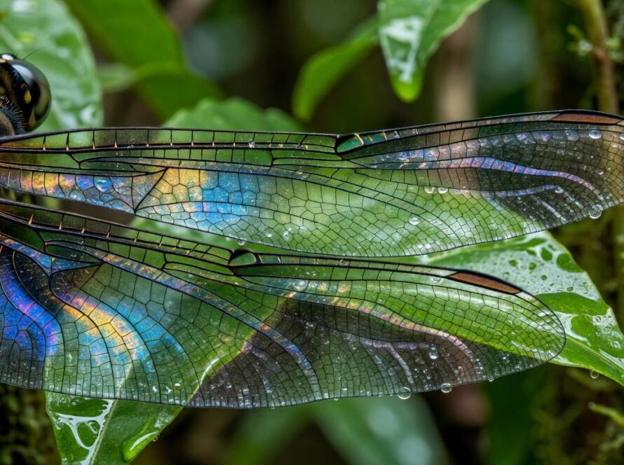 Imagem macro de asas de insetos em floresta tropical brasileira, destacando padrões e veias detalhadas.