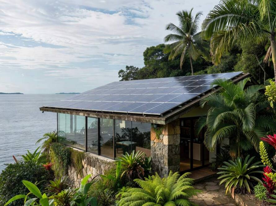 Edifício unindo tecnologia de ponta e arquitetura tradicional em ilha brasileira.
