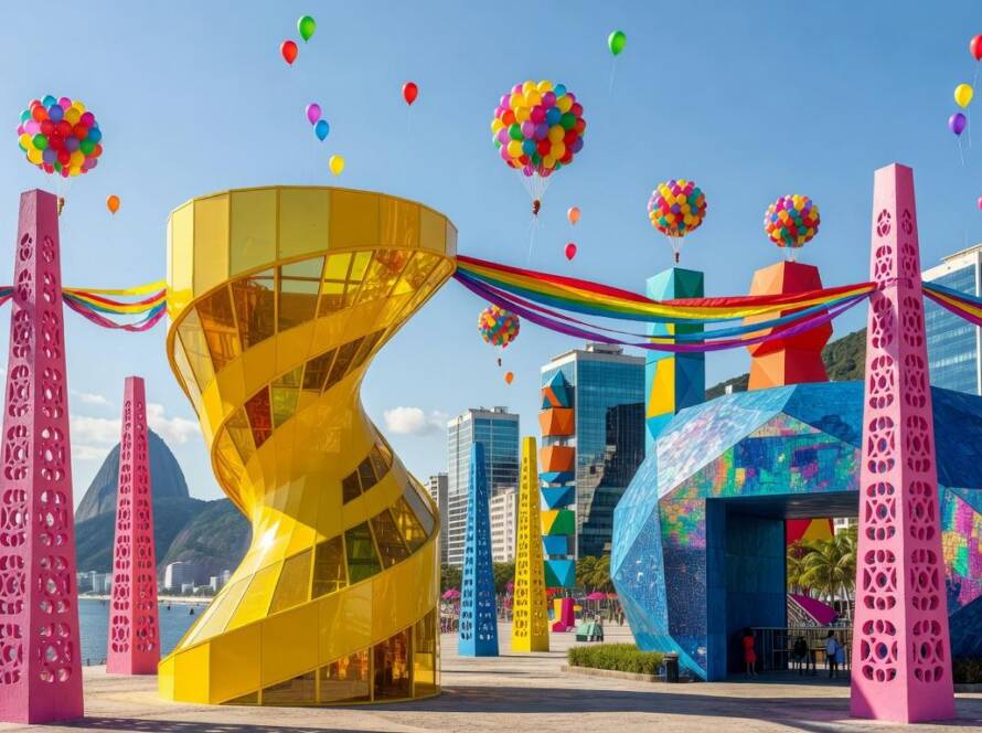 Paisagem urbana no Rio de Janeiro como utopia festiva inspirada em Ettore Sottsass, com estruturas coloridas e geométricas.