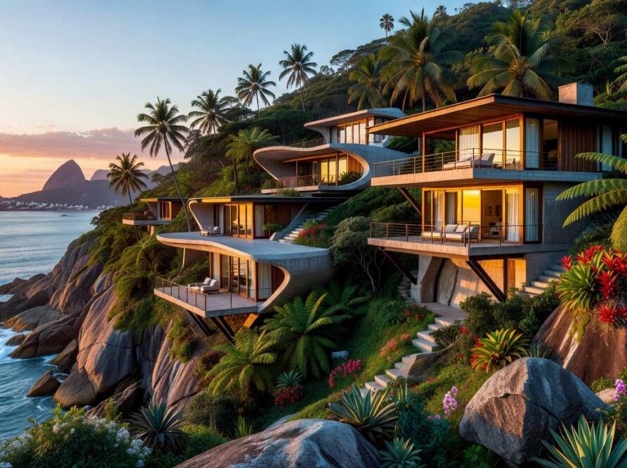 Residências integradas à paisagem íngreme no litoral brasileiro, estilo fotojornalístico.