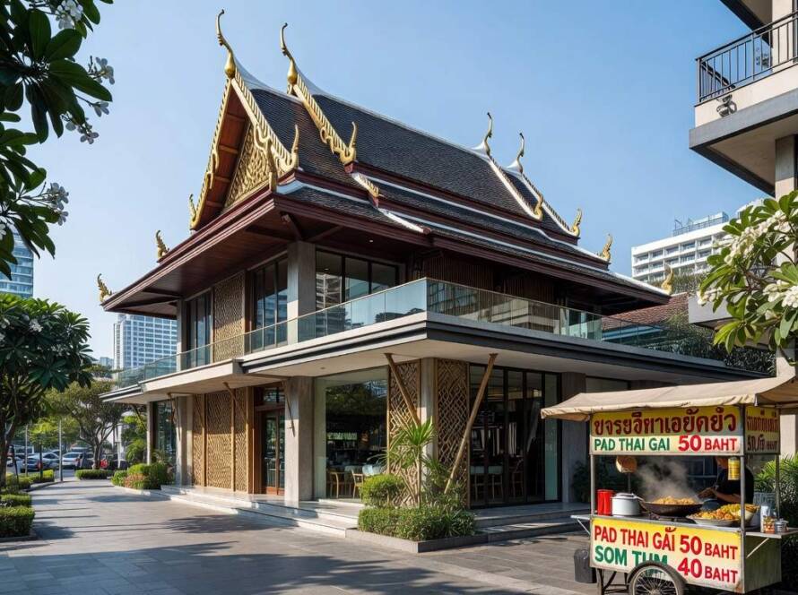 Exterior do restaurante Nitasrattanakosin em Bangkok, homenageando mulheres na culinária tailandesa.
