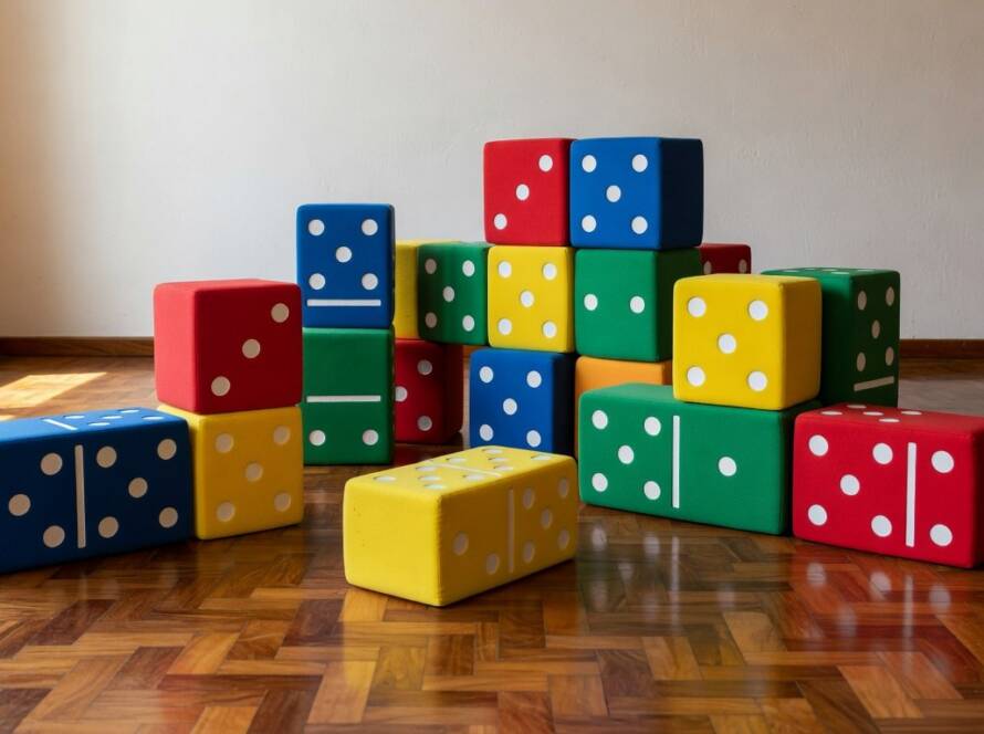 Móveis modulares TRIMINÓ coloridos em sala brasileira, promovendo aprendizado infantil inovador.