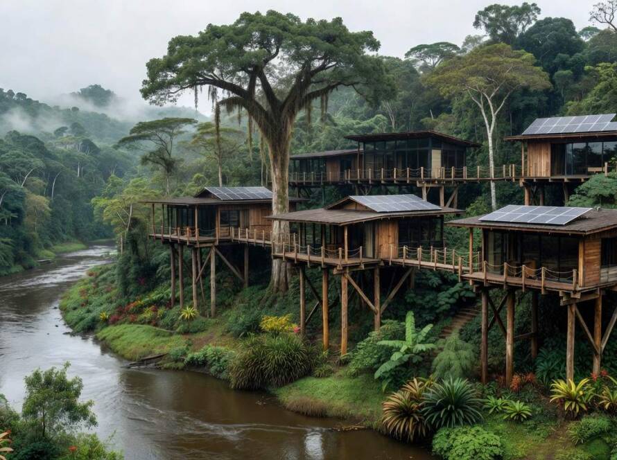 Vila vertical inovadora na selva amazônica brasileira, arquitetura sustentável integrada à natureza.