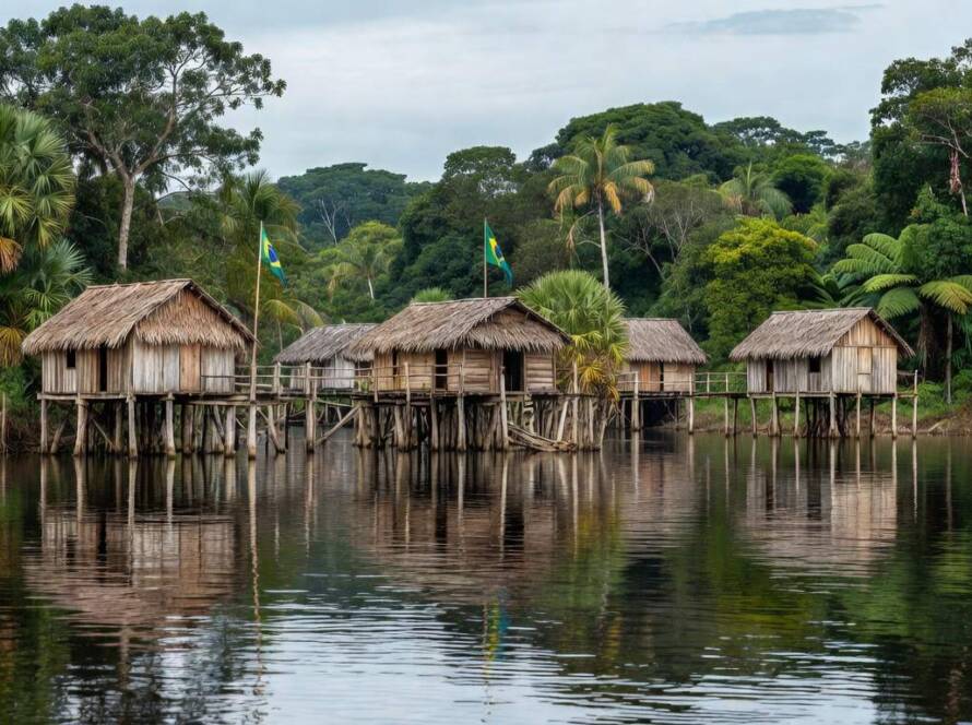 Estruturas anfíbias reinventadas como cabanas em rio amazônico no Brasil.