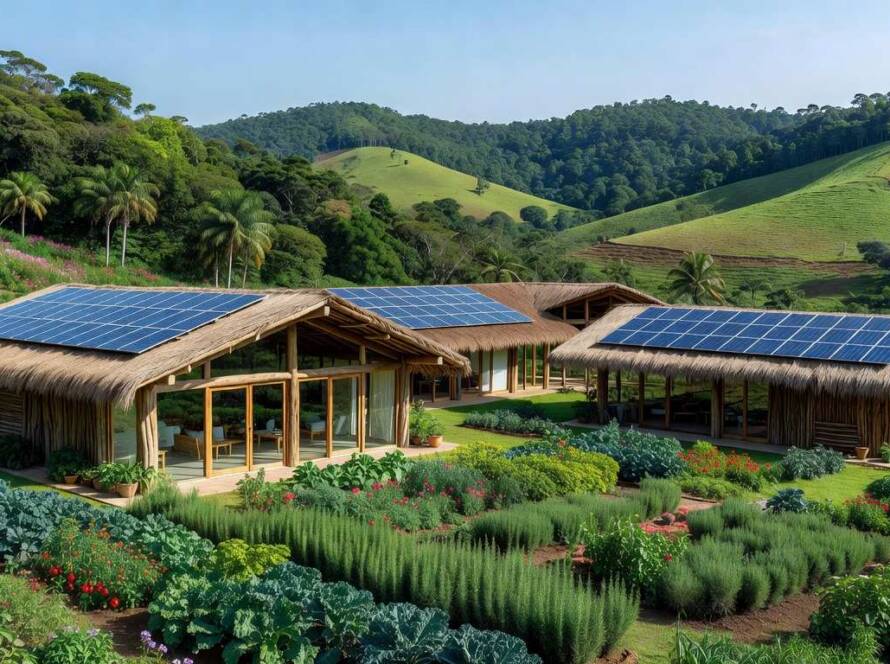 Campus de saúde sustentável com arquitetura ecológica em paisagem rural brasileira.