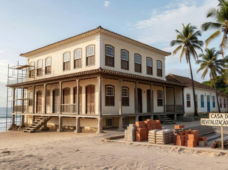 Casa histórica à beira-mar revitalizada no litoral brasileiro, com arquitetura colonial e elementos de restauração.