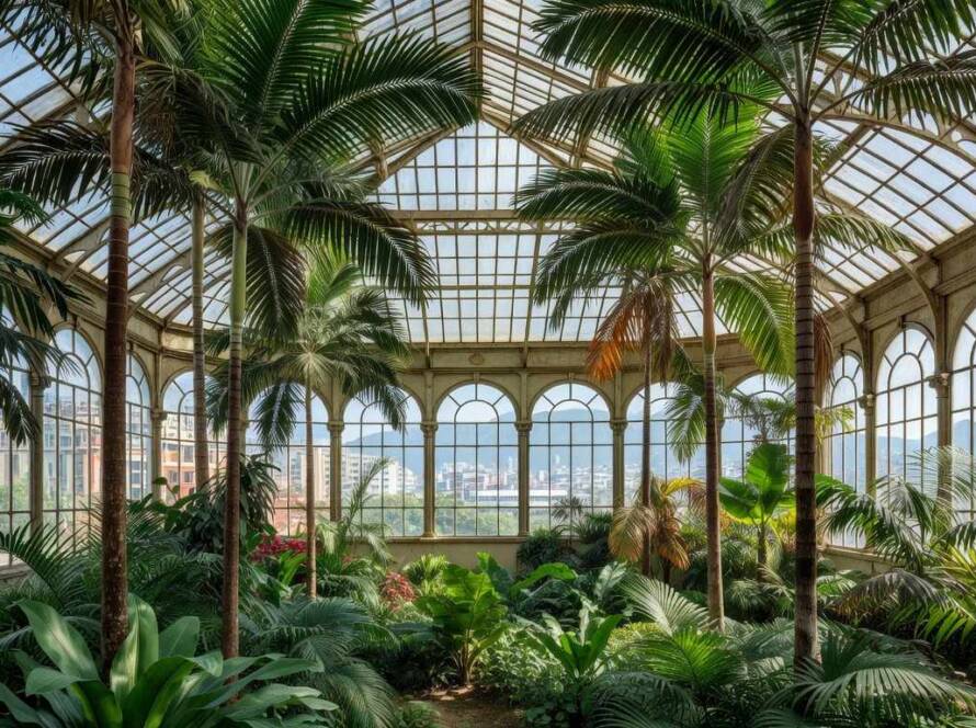 Estufa com palmeiras no Jardim Botânico do Rio de Janeiro, representando série fotográfica sobre estufas.