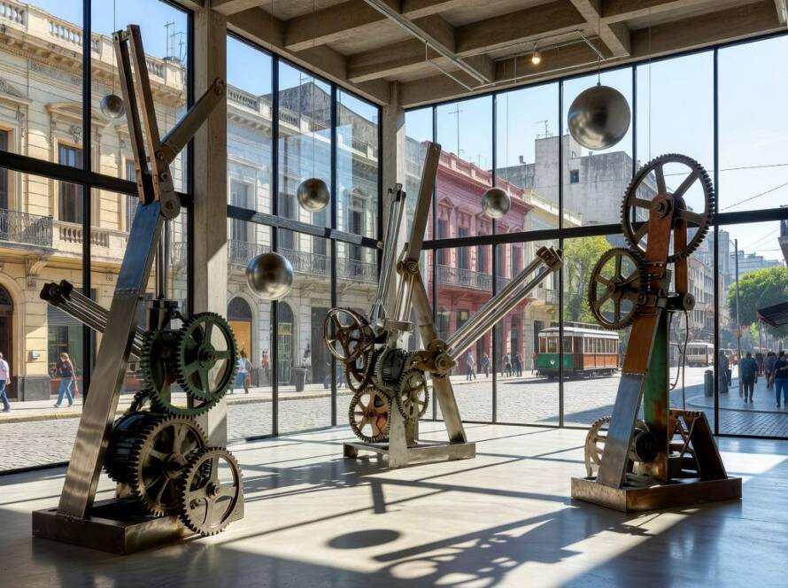 Esculturas cinéticas interativas em galeria de arte em Buenos Aires, com estruturas metálicas em movimento.