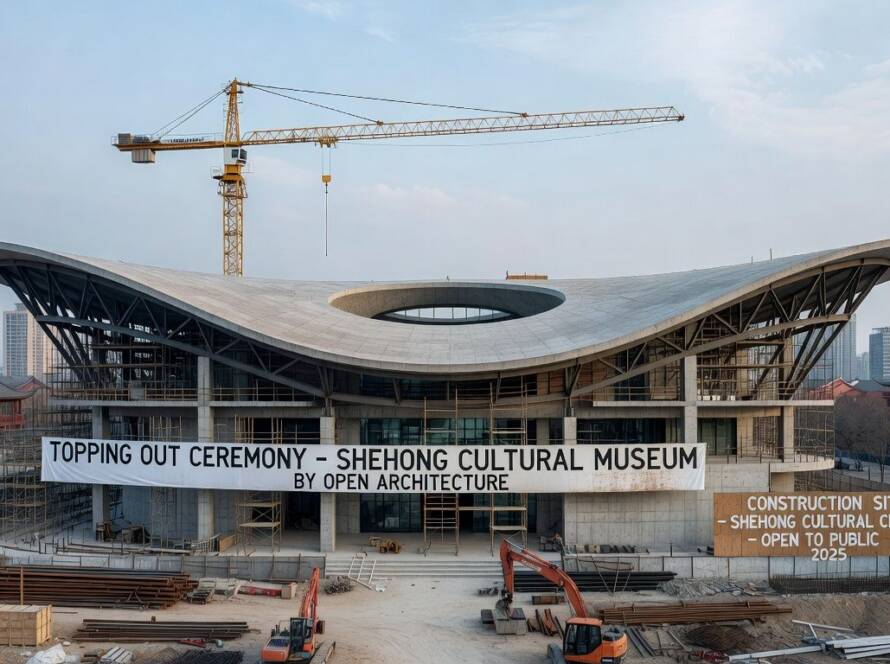 Museu Shede Culture em construção atingindo topo estrutural em Shehong, projetado pela OPEN Architecture.