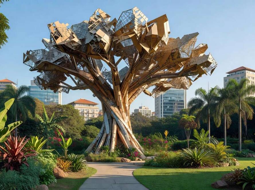 Estrutura arbórea sustentável de resíduos de papel em ambiente urbano brasileiro, promovendo inovação ecológica.